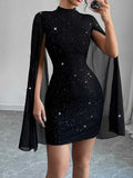 Round neck-pit stripe pearl chiffon cape sleeve wrapped hip party dress