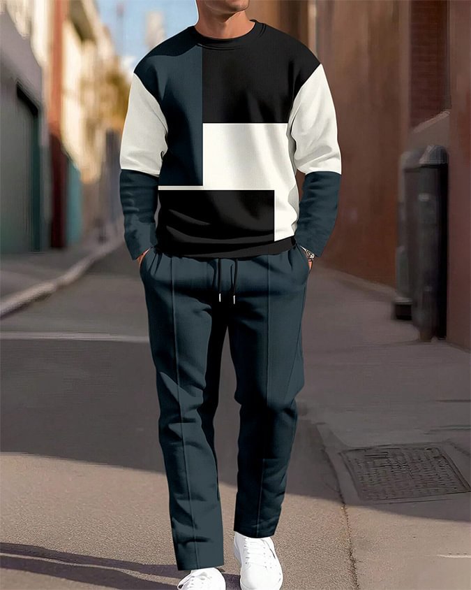 Men's Casual Sporty Round Neck Sweatshirt And Pants Two-piece Set