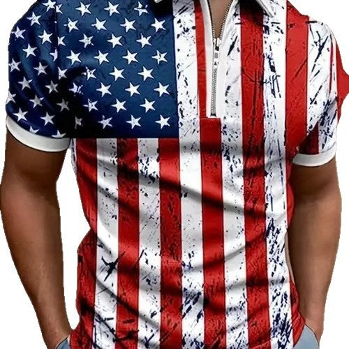 Summer High-End Business Streetwear 3D Digital Print Lapel Mens Zip-Up Polo Shirt