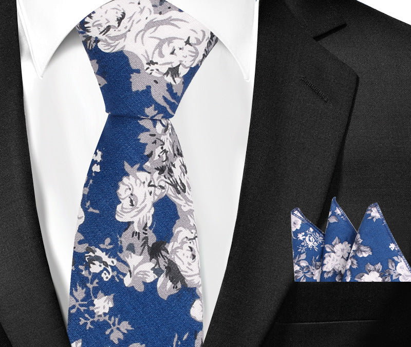 Casual Cotton Floral Print 6cm Casual Tie Pocket Square Suit