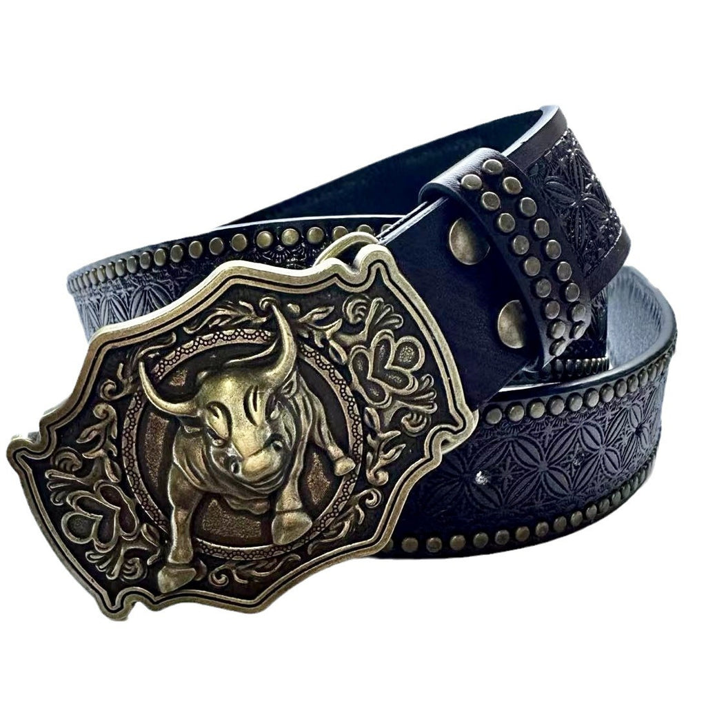 Retro Embossing Rivet Bullhead Big Plate Buckle Belt