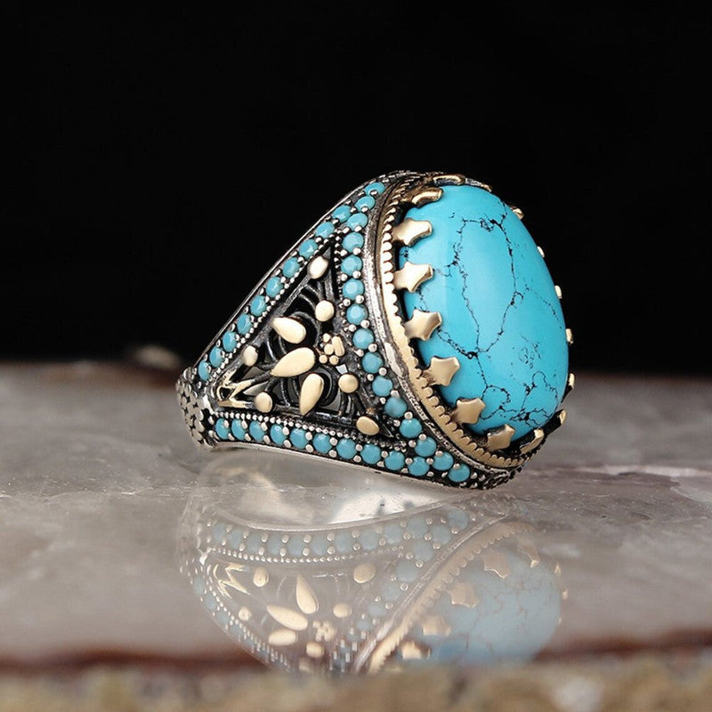 Men's Electroplated Two-color Inlaid Turquoise Ring