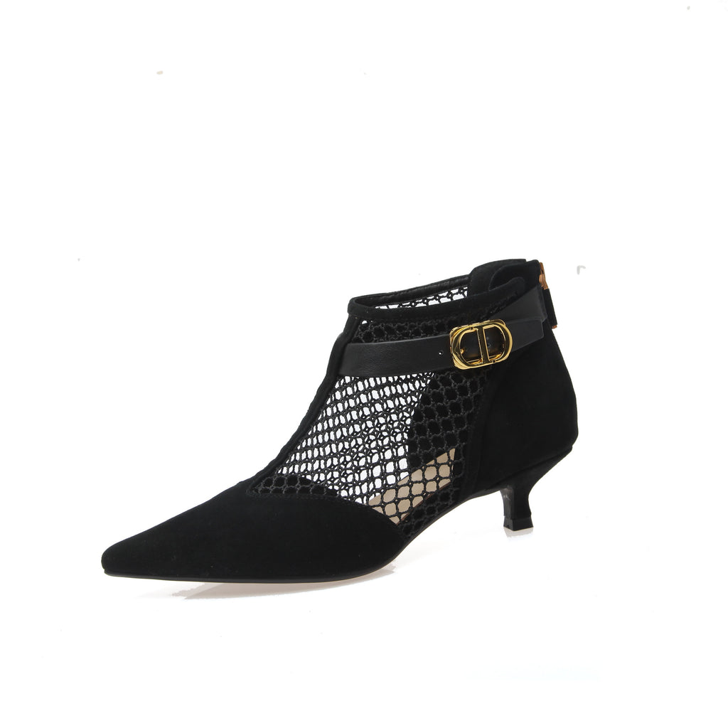 Hollow Low-heeled Net Boots Sheepskin Pointed-toe Stiletto Sandals