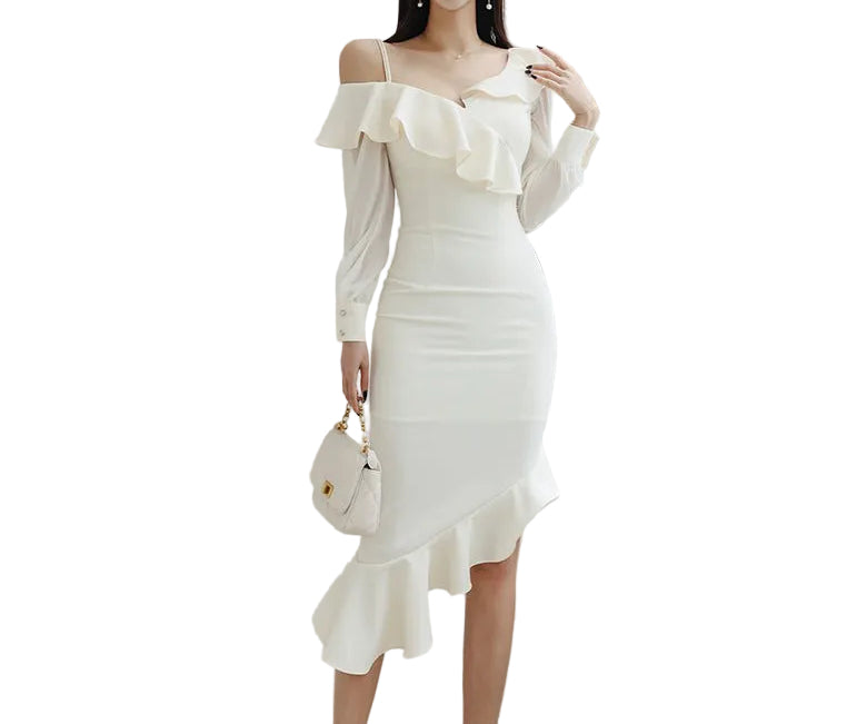 Woman wearing a white off-shoulder dress from Diamond Sadaf 