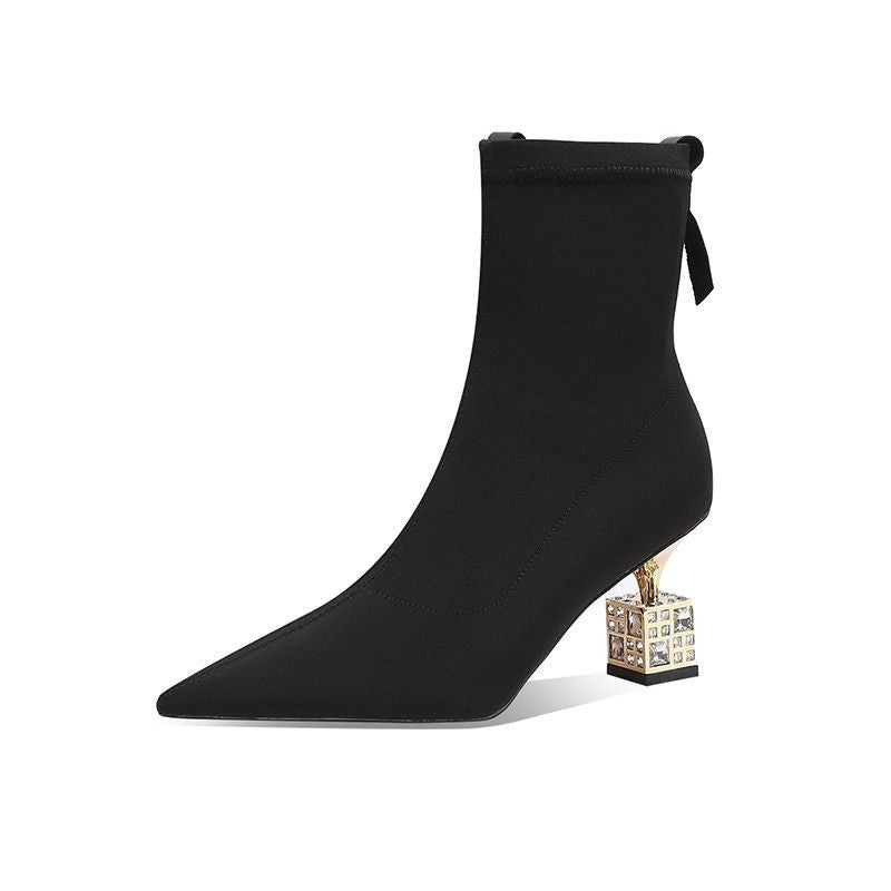 Pointed Toe Mid-calf High-heeled Skinny Boots