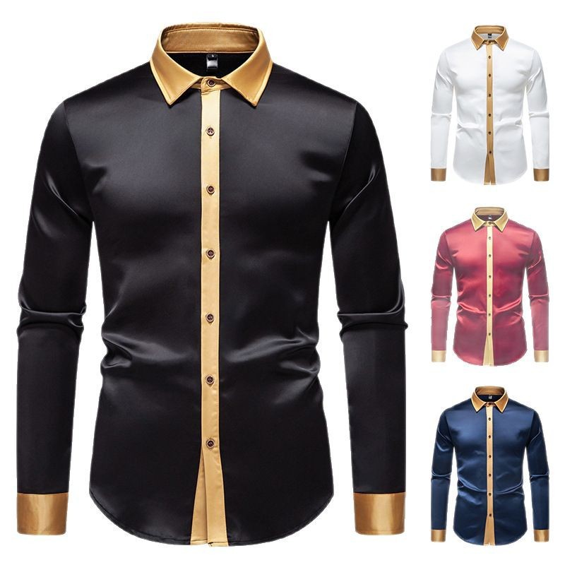 Mens Fashionable Satin-Soft Colorblock Long-Sleeve Shirt