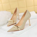 Shallow Mouth Pointed Pearl Chain Plaid Women's Single Shoes