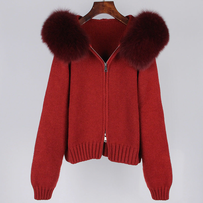 Leisure Hooded Real Fox Fur Collar Sweater Outer Fur Coat