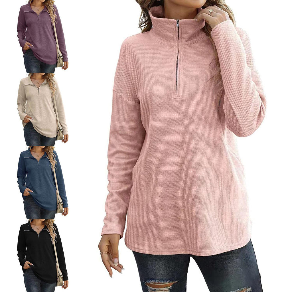 New Women's Loose Zip Pocket Knitwear Long Sleeve T-shirt Top