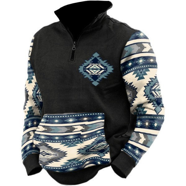Digital Print Stand Collar Men's Street Zip-up Hoodie