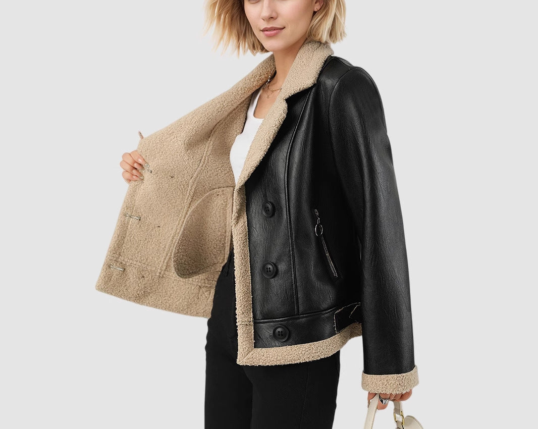 Fleece Padded Women's Leather Coat