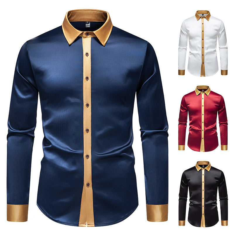 Mens Fashionable Satin-Soft Colorblock Long-Sleeve Shirt