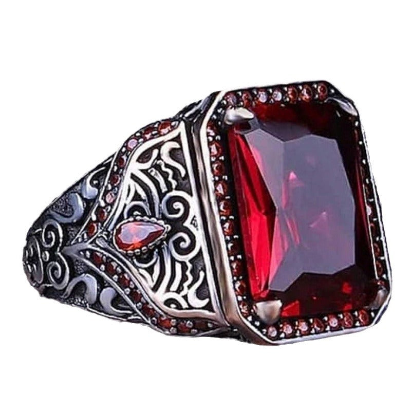 Retro National Style Texture Inlaid Red And Green Zircon Ring
