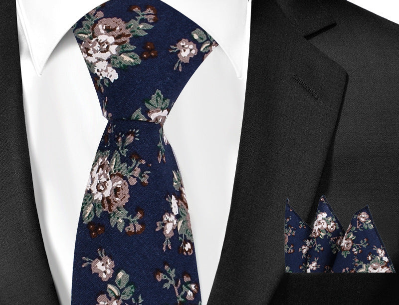 Casual Cotton Floral Print 6cm Casual Tie Pocket Square Suit