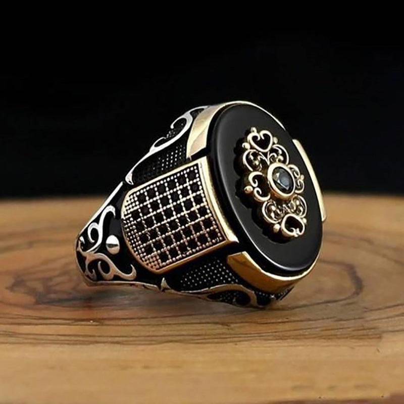Fashionable Men's Ring With Black Gemstones In Metal