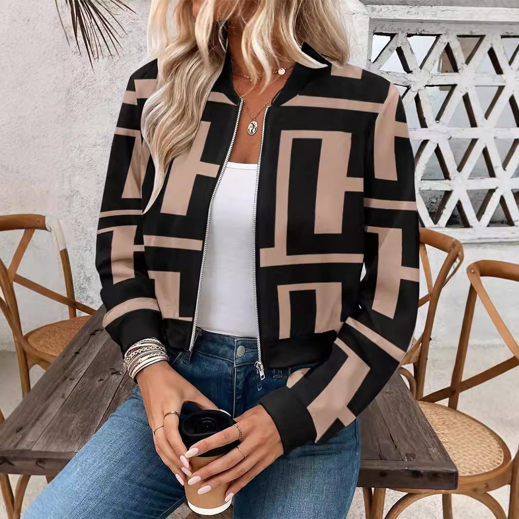 Women's Zipper Geometric Print Casual Long-sleeved Jacket
